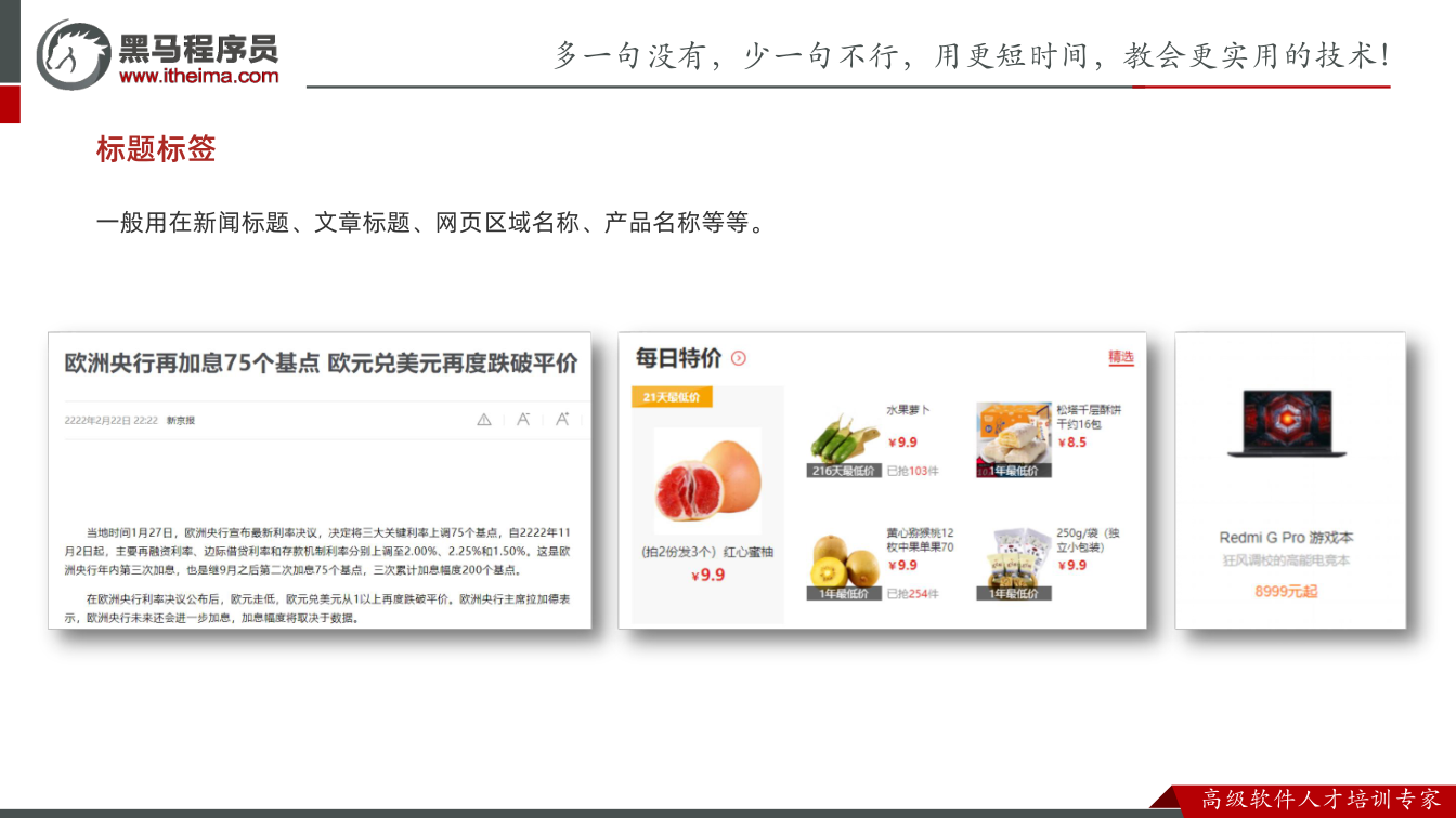 课件第20页：一般用在新闻标题、文章标题、网页区域名称、产品名称等等。 标题标签