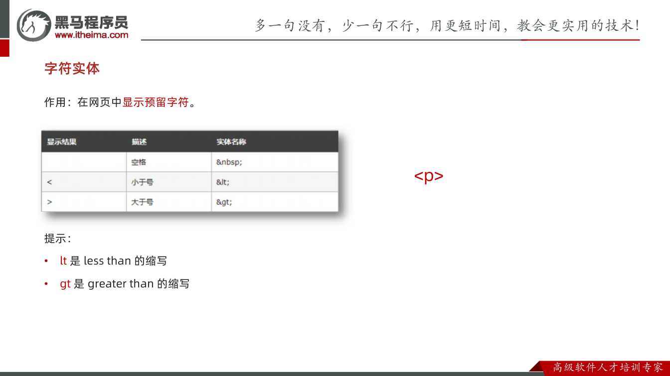 课件第34页：字符实体 作用：在网页中显示预留字符。 提示： • lt 是 less than