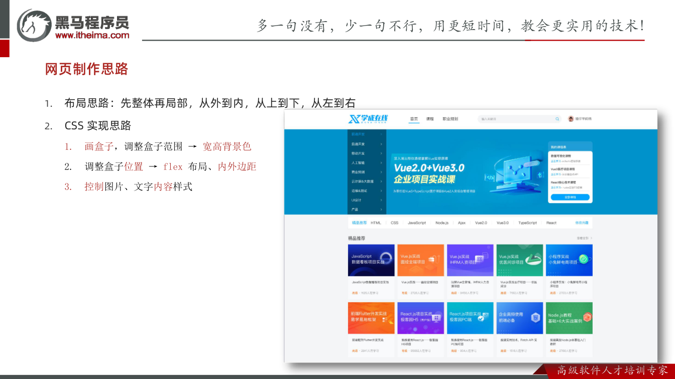 课件第19页：1. 布局思路：先整体再局部，从外到内，从上到下，从左到右 2. CSS 实现思