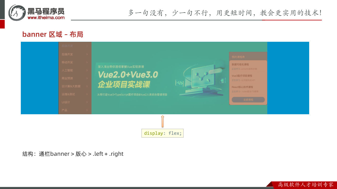 课件第27页：banner 区域 – 布局 结构：通栏banner > 版心 > .left 