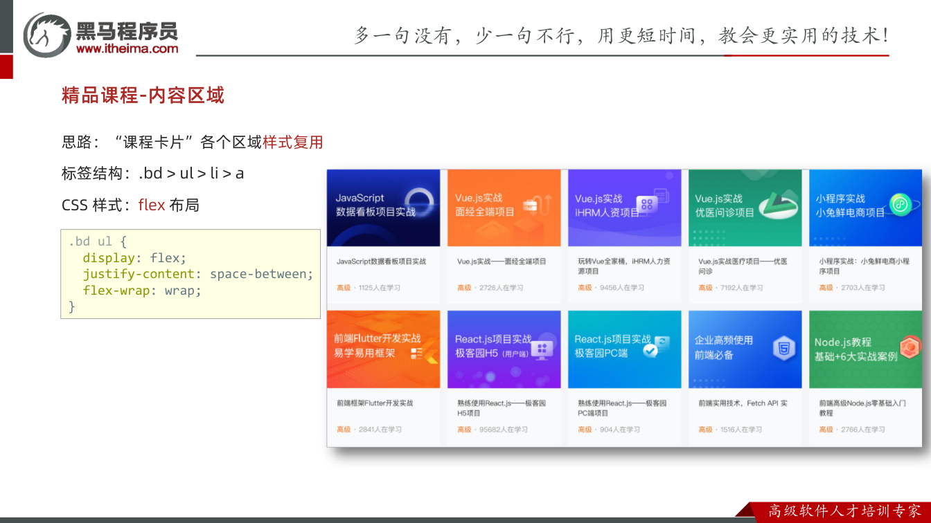 课件第33页：精品课程-内容区域 思路：“课程卡片”各个区域样式复用 标签结构：.bd > u