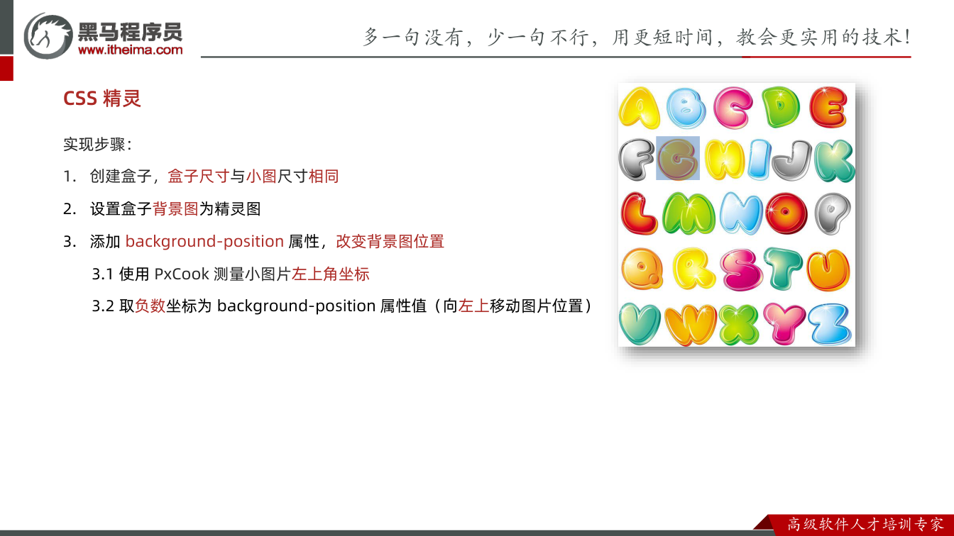 课件第14页:CSS 精灵 实现步骤: 1. 创建盒子,盒子尺寸与小图尺寸相同 2. 设置盒子