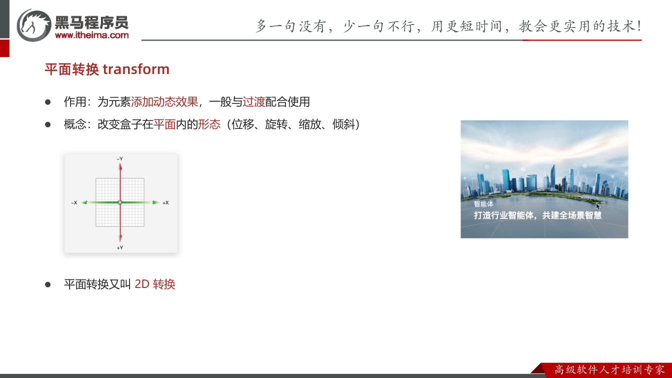 课件第3页： 作用：为元素添加动态效果，一般与过渡配合使用  概念：改变盒子在平面内的形