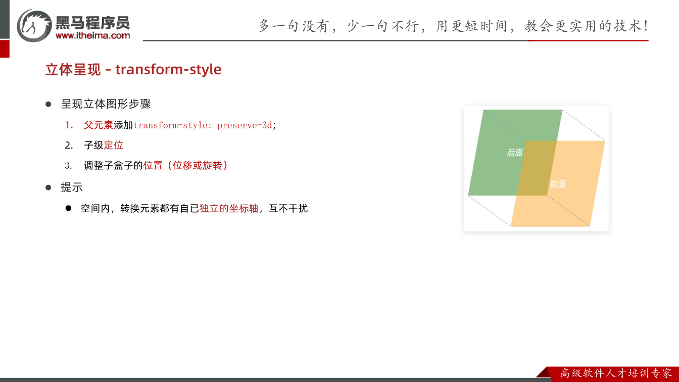 课件第10页：l 呈现立体图形步骤 1. 父元素添加transform-style: pres