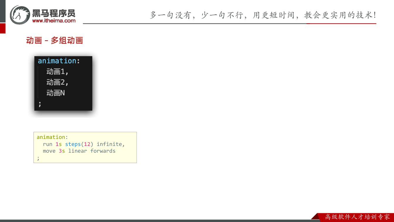 课件第23页：动画 – 多组动画 animation: run 1s steps(12) in