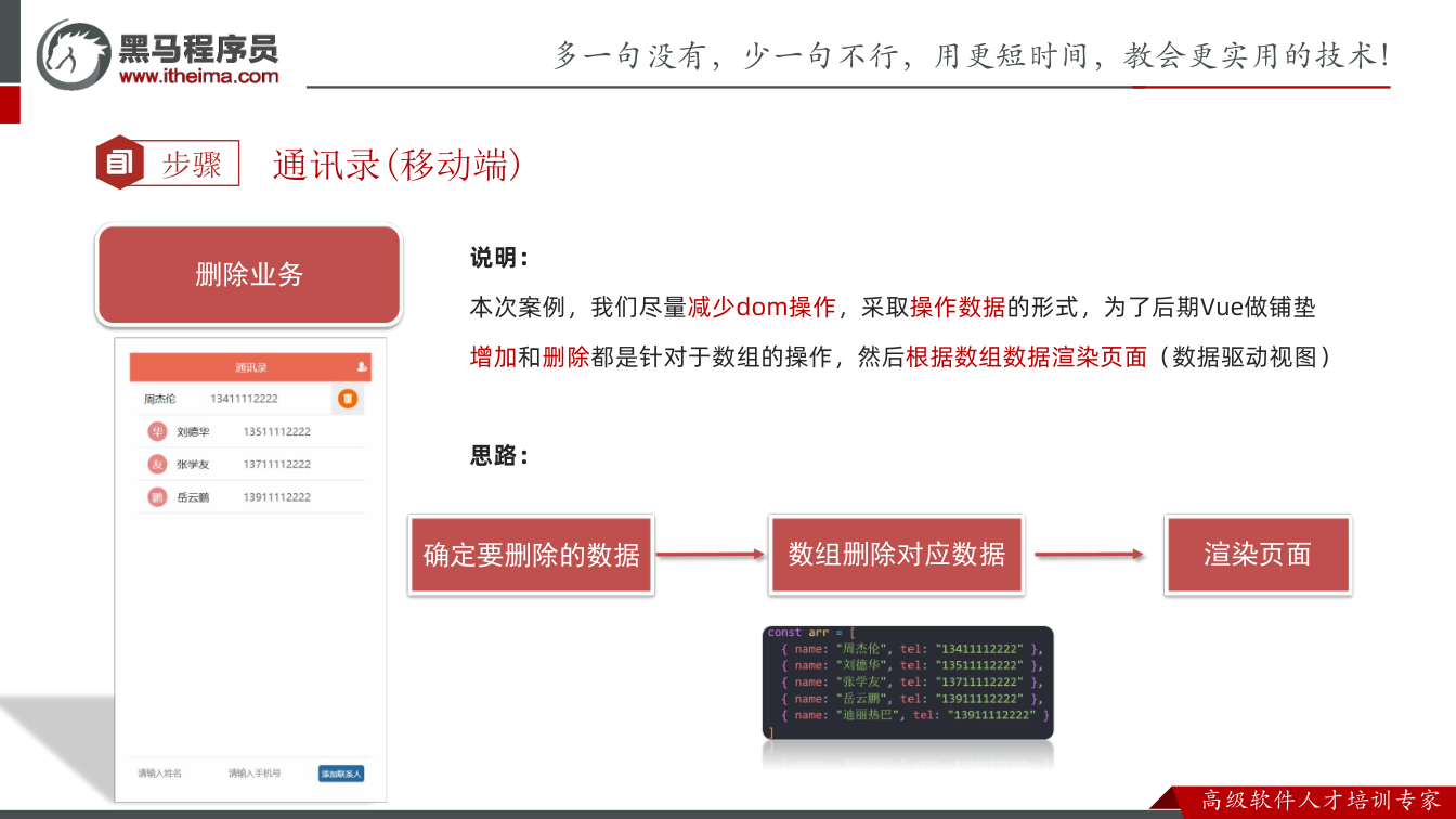 课件第51页：步骤 通讯录(移动端) 删除业务 说明： 本次案例，我们尽量减少dom操作，采取