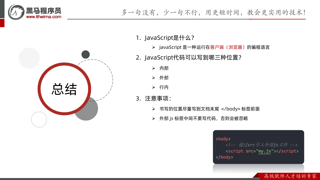 课件第21页:总结 总结 1. JavaScript是什么? JavaScript 是一种