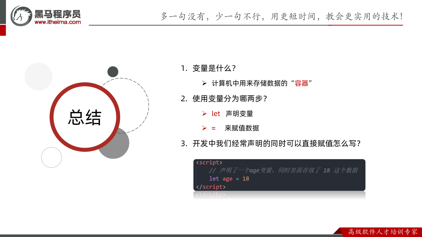 课件第41页:总结 总结 1. 变量是什么? 计算机中用来存储数据的“容器” 2. 使用变量