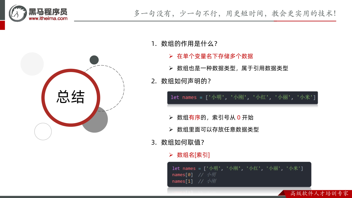 课件第17页：总结 总结 1. 数组的作用是什么？ Ø 在单个变量名下存储多个数据 Ø 数组也