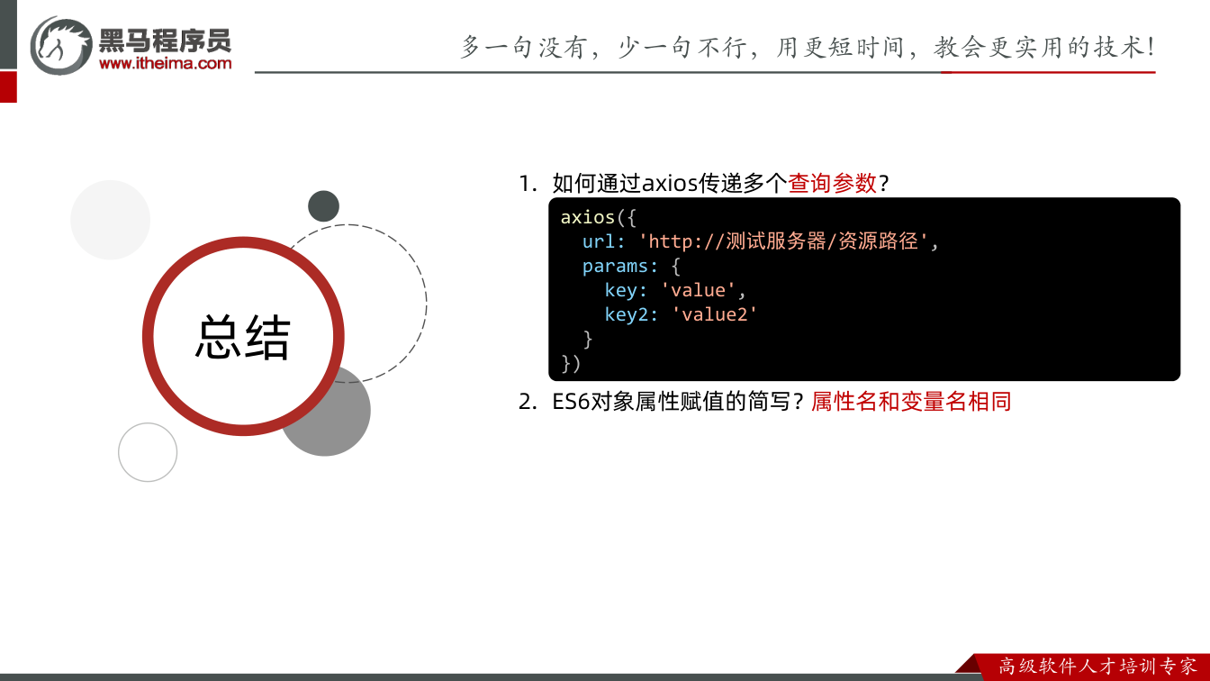 课件第29页：总结 总结 1. 如何通过axios传递多个查询参数？ 2. ES6对象属性赋值