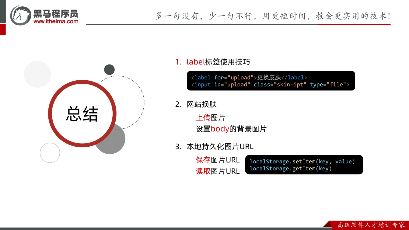 课件第21页：总结 总结 1. label标签使用技巧 2. 网站换肤 上传图片 设置body