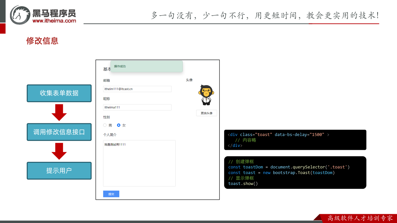 课件第28页：修改信息 收集表单数据 调用修改信息接口 提示用户 <div class="to