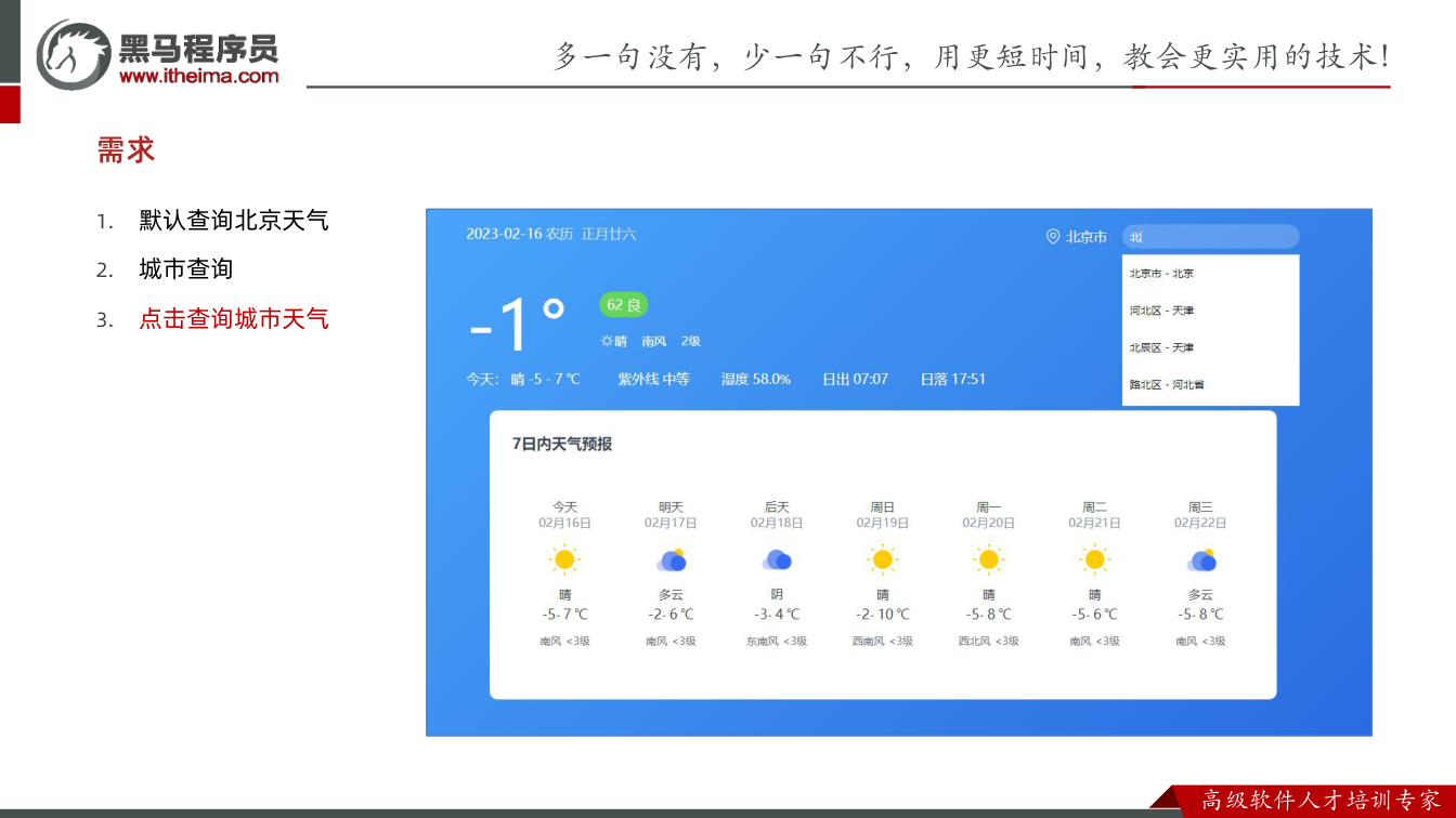 课件第34页:1. 默认查询北京天气 2. 城市查询 3. 点击查询城市天气 需求