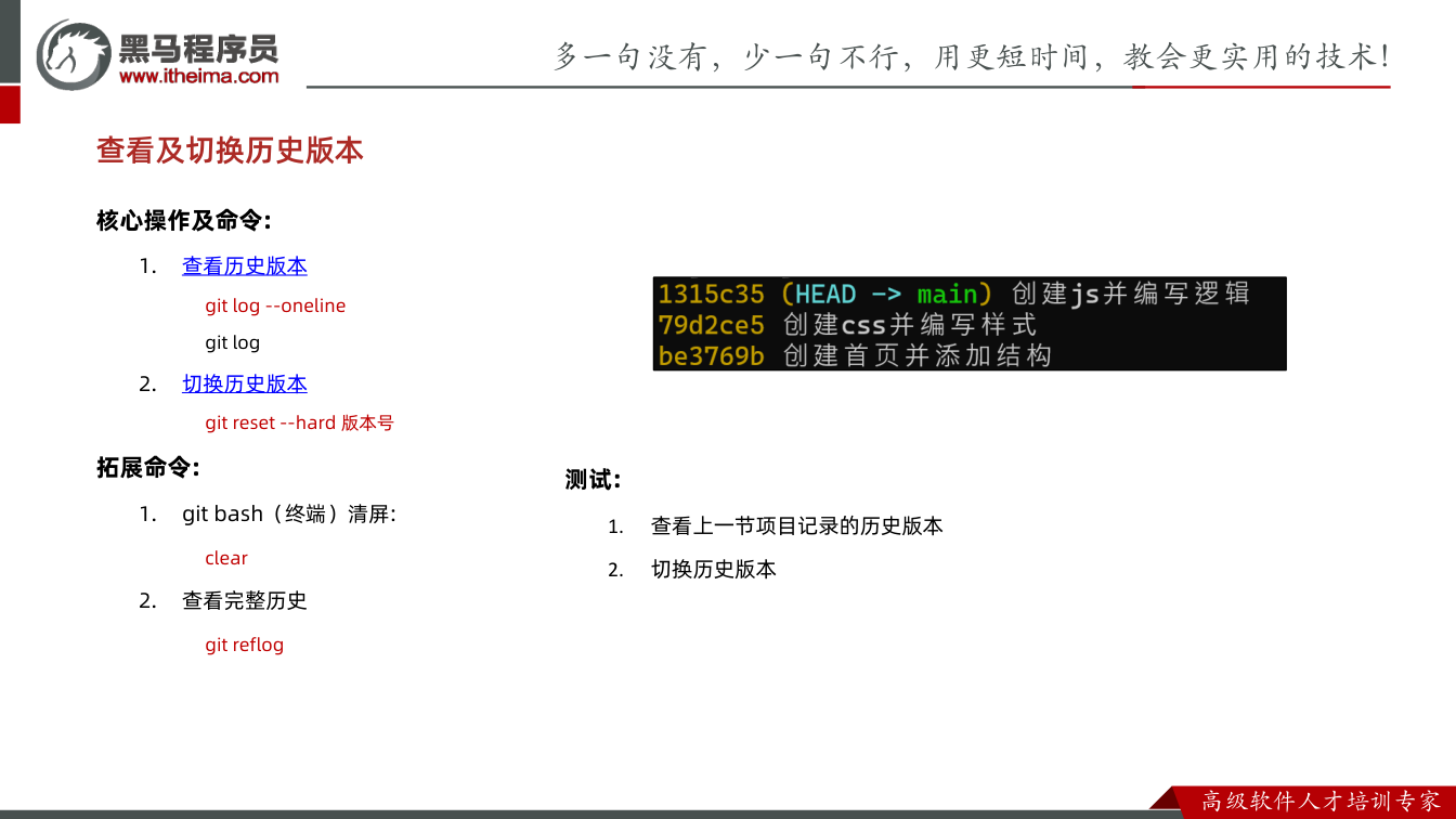 课件第22页:核心操作及命令: 1. 查看历史版本 git log --oneline git