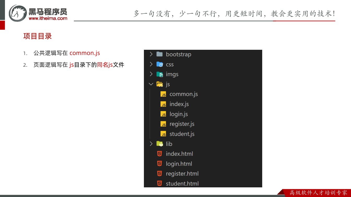 课件第53页:1. 公共逻辑写在common.js 2. 页面逻辑写在js目录下的同名js文件