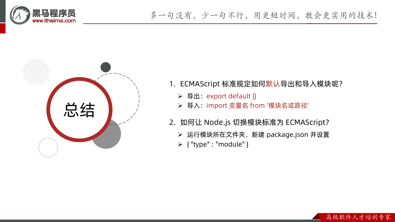 课件第7页:总结 总结 1. ECMAScript 标准规定如何默认导出和导入模块呢? 导