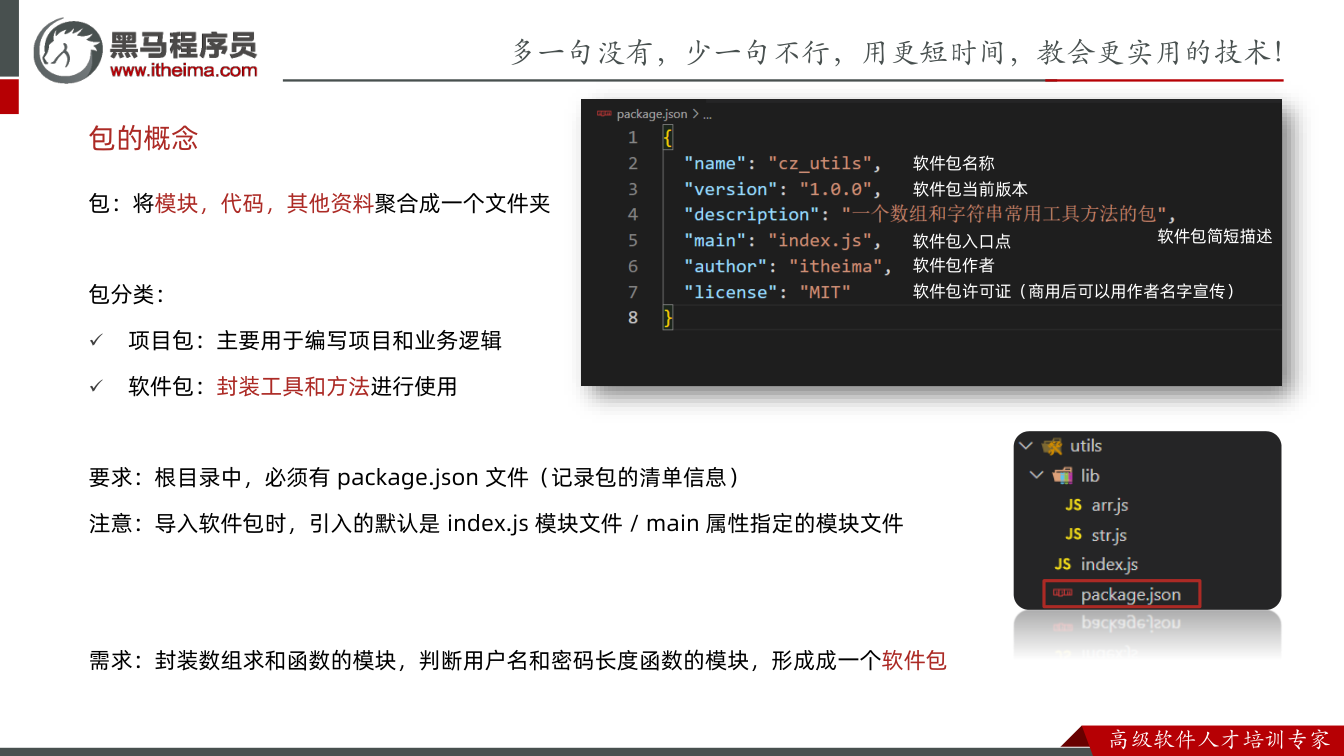 课件第10页:包:将模块,代码,其他资料聚合成一个文件夹 包分类: 项目包:主要用于编写项