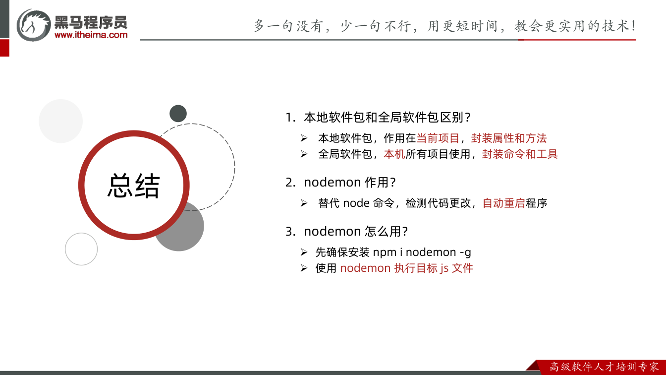 课件第18页:总结 总结 1. 本地软件包和全局软件包区别? 本地软件包,作用在当前项目,
