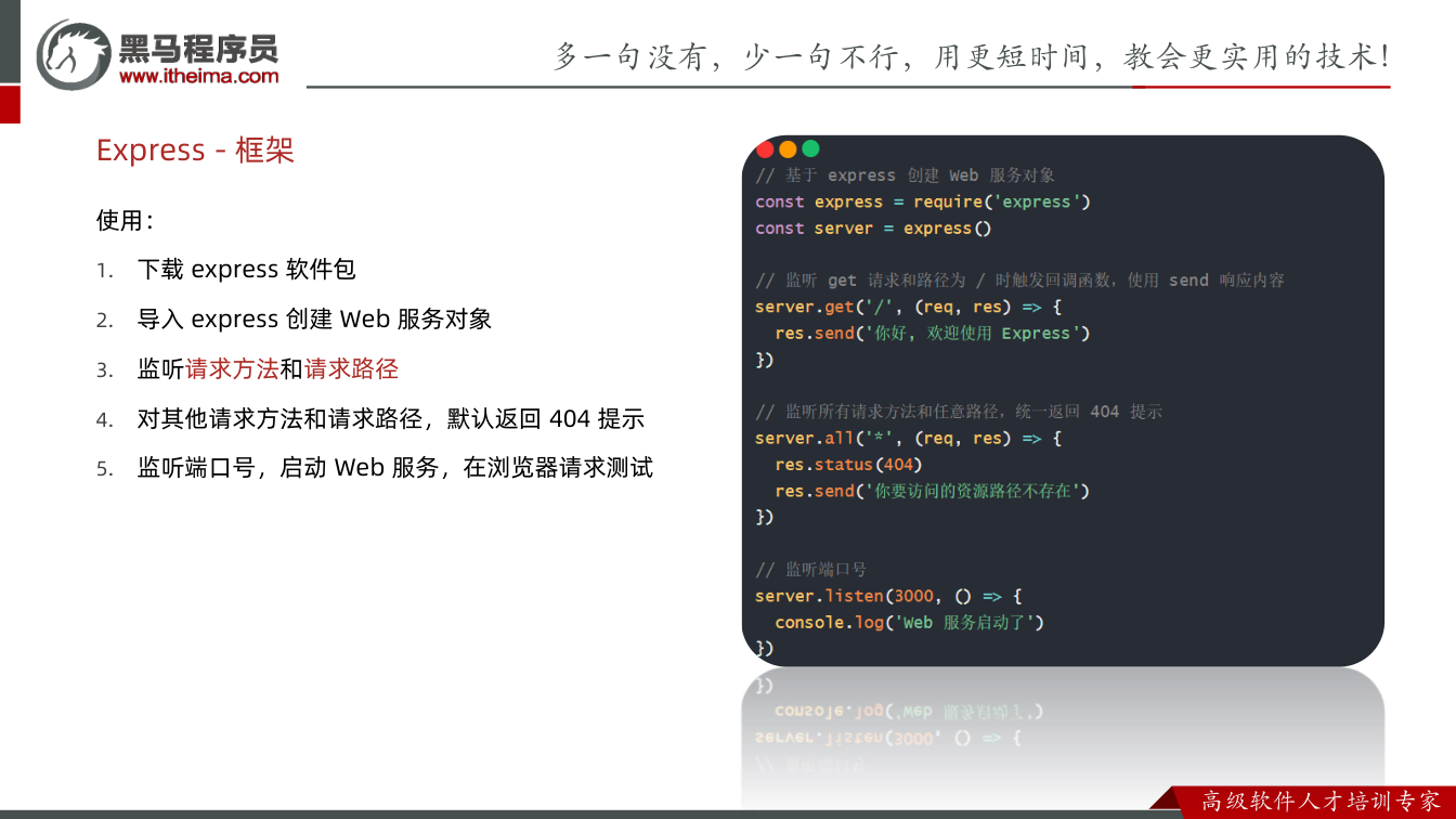 课件第23页:使用: 1. 下载express 软件包 2. 导入express 创建Web