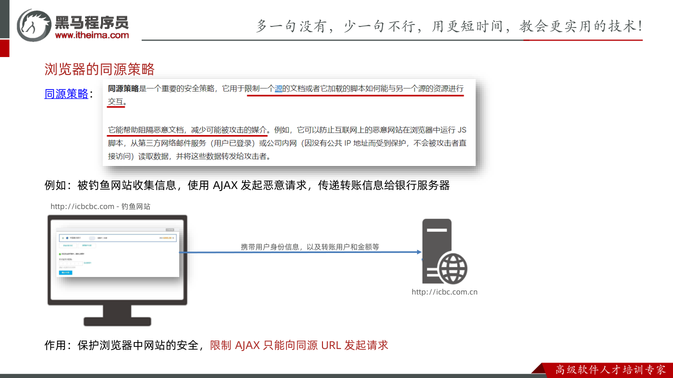 课件第25页:同源策略: 例如:被钓鱼网站收集信息,使用AJAX 发起恶意请求,传递转账信息给