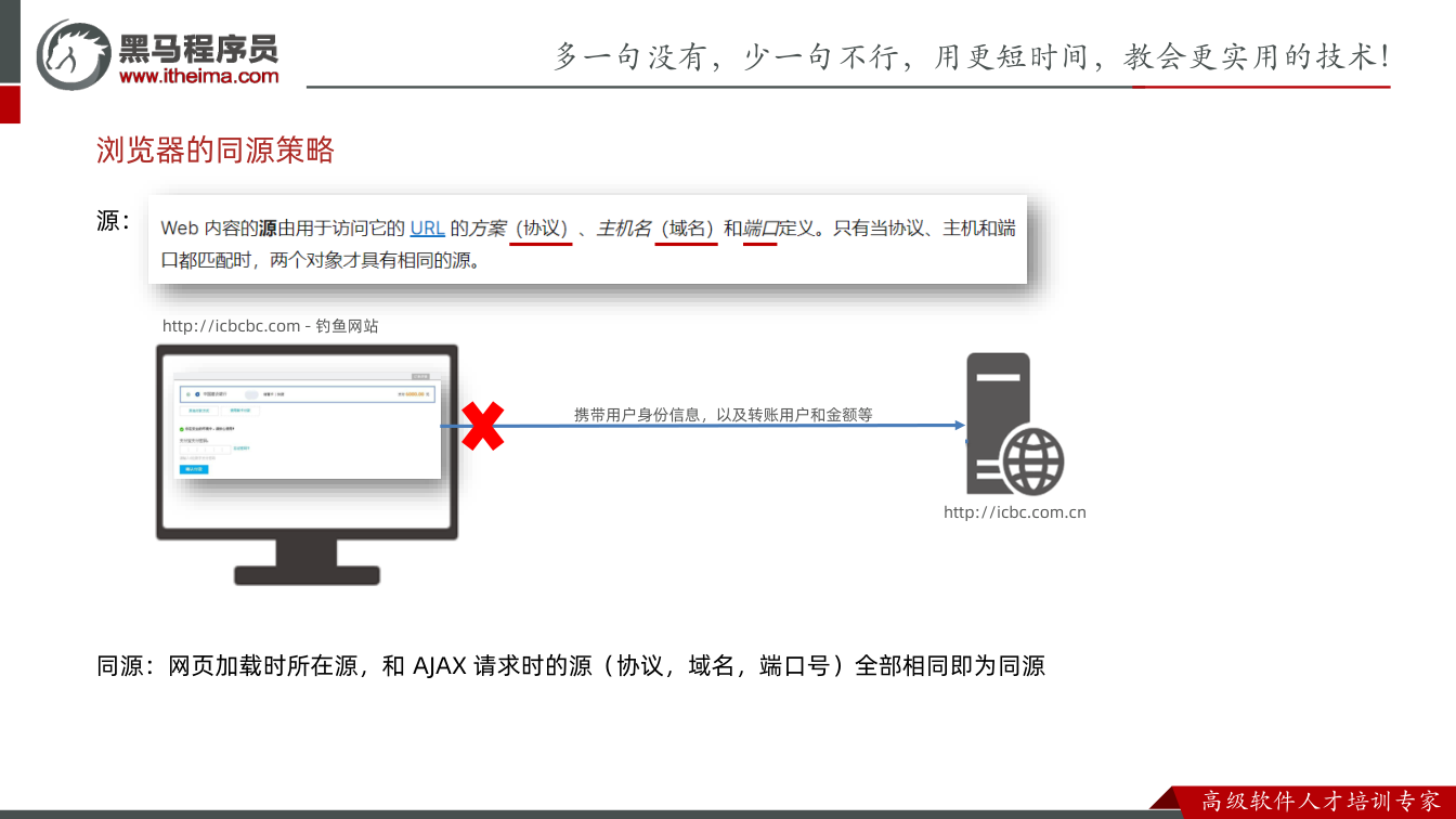 课件第26页:源: 同源:网页加载时所在源,和AJAX 请求时的源(协议,域名,端口号)全部相