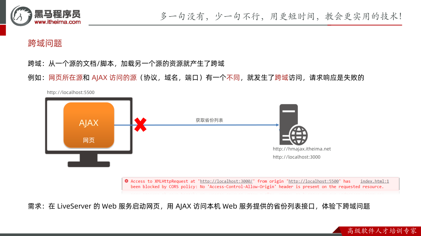 课件第28页:跨域:从一个源的文档/脚本,加载另一个源的资源就产生了跨域 例如:网页所在源和A