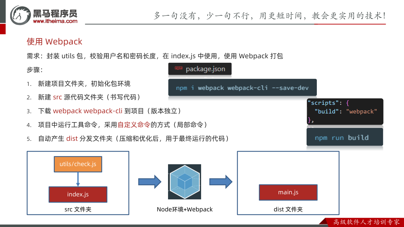 课件第5页:需求:封装utils 包,校验用户名和密码长度,在index.js 中使用,使用