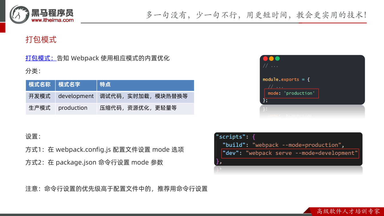 课件第17页:打包模式:告知Webpack 使用相应模式的内置优化 分类: 设置: 方式1:在