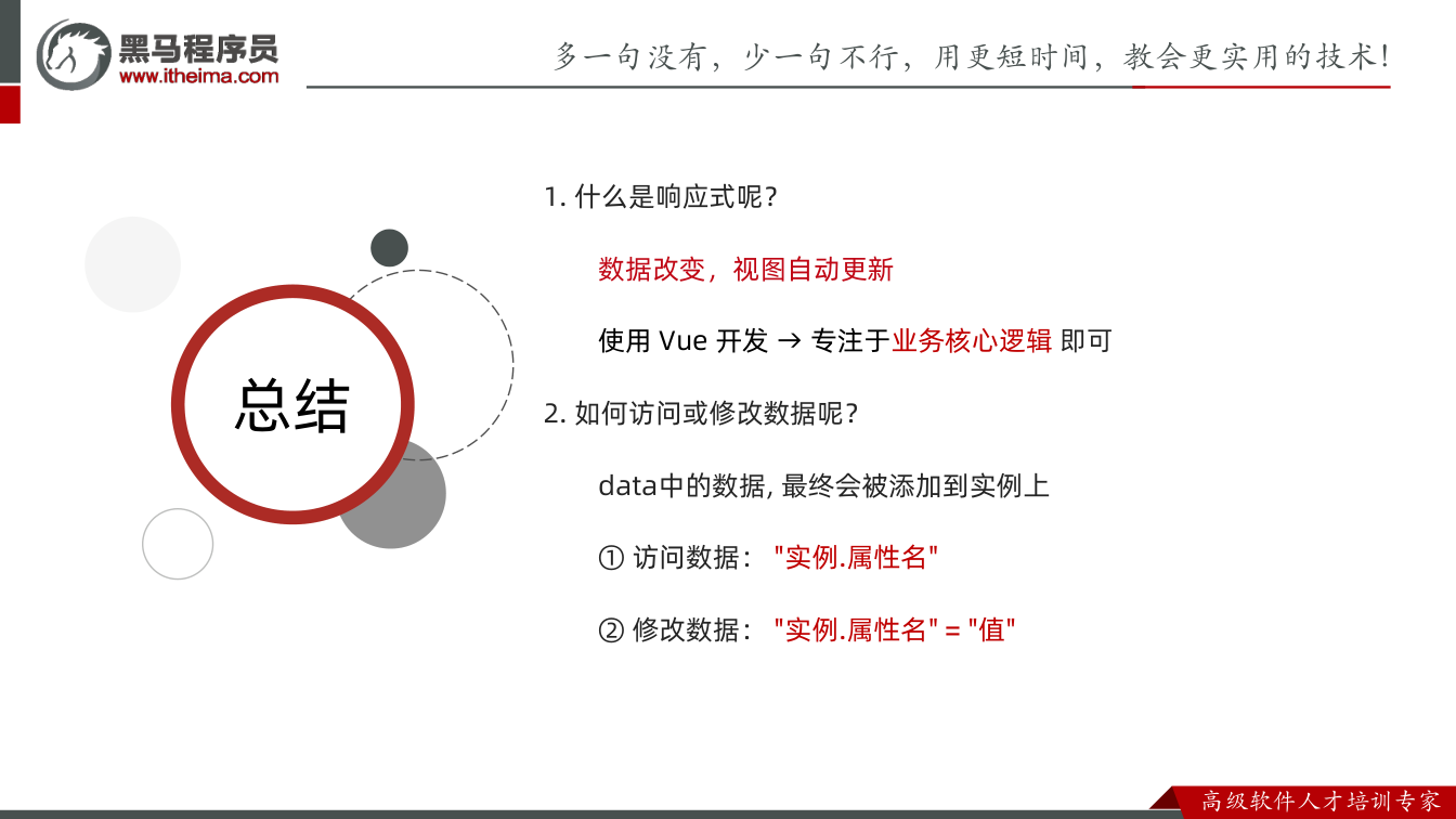 课件第26页:总结 总结 1. 什么是响应式呢? 数据改变,视图自动更新 使用Vue 开发→