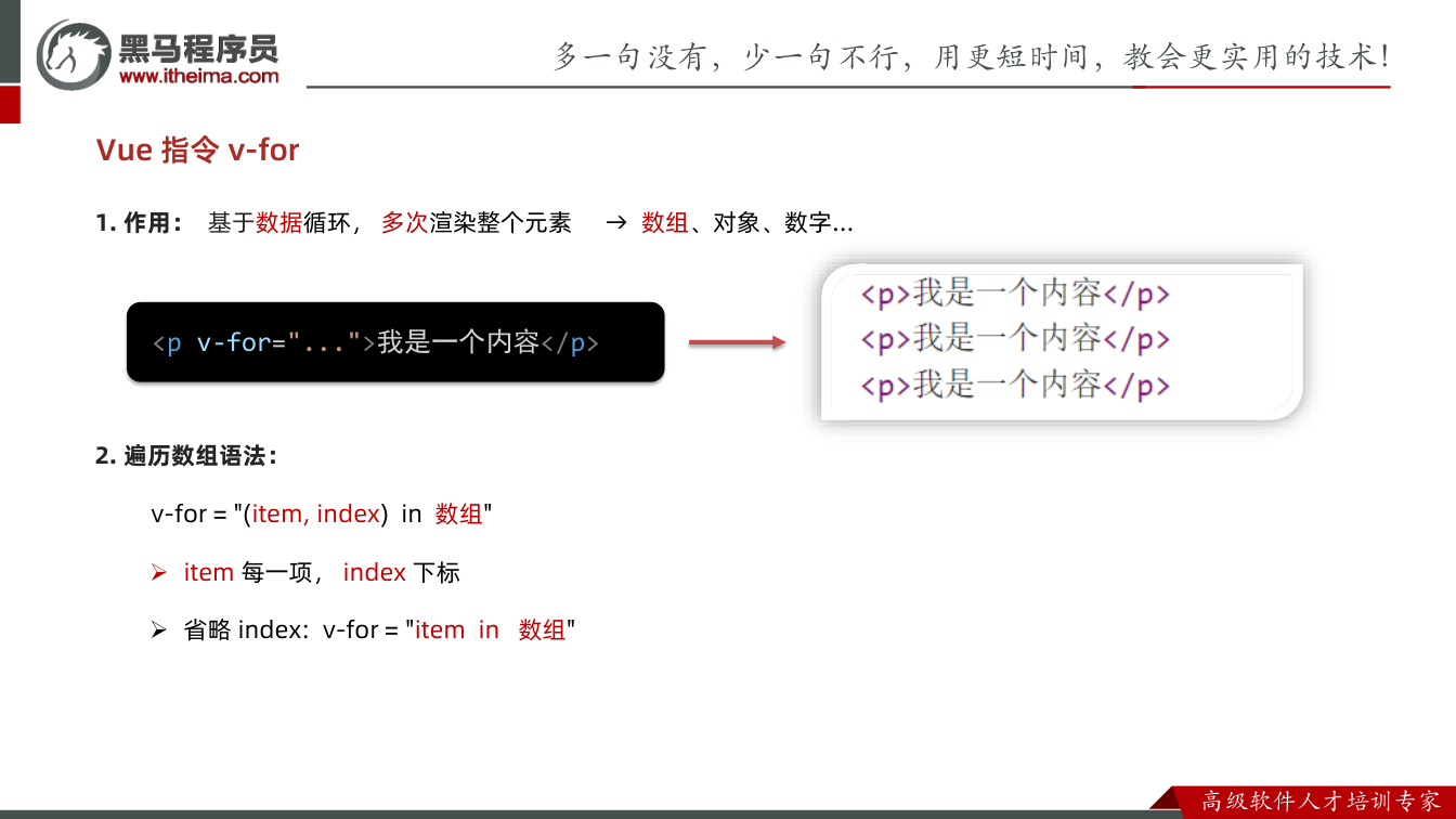 课件第44页:Vue 指令v-for 1. 作用:基于数据循环,多次渲染整个元素 2. 遍历数