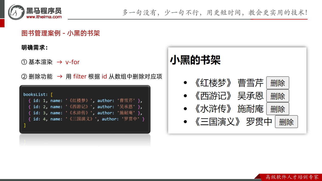 课件第45页:图书管理案例- 小黑的书架 明确需求: ①基本渲染 ②删除功能 → v-for