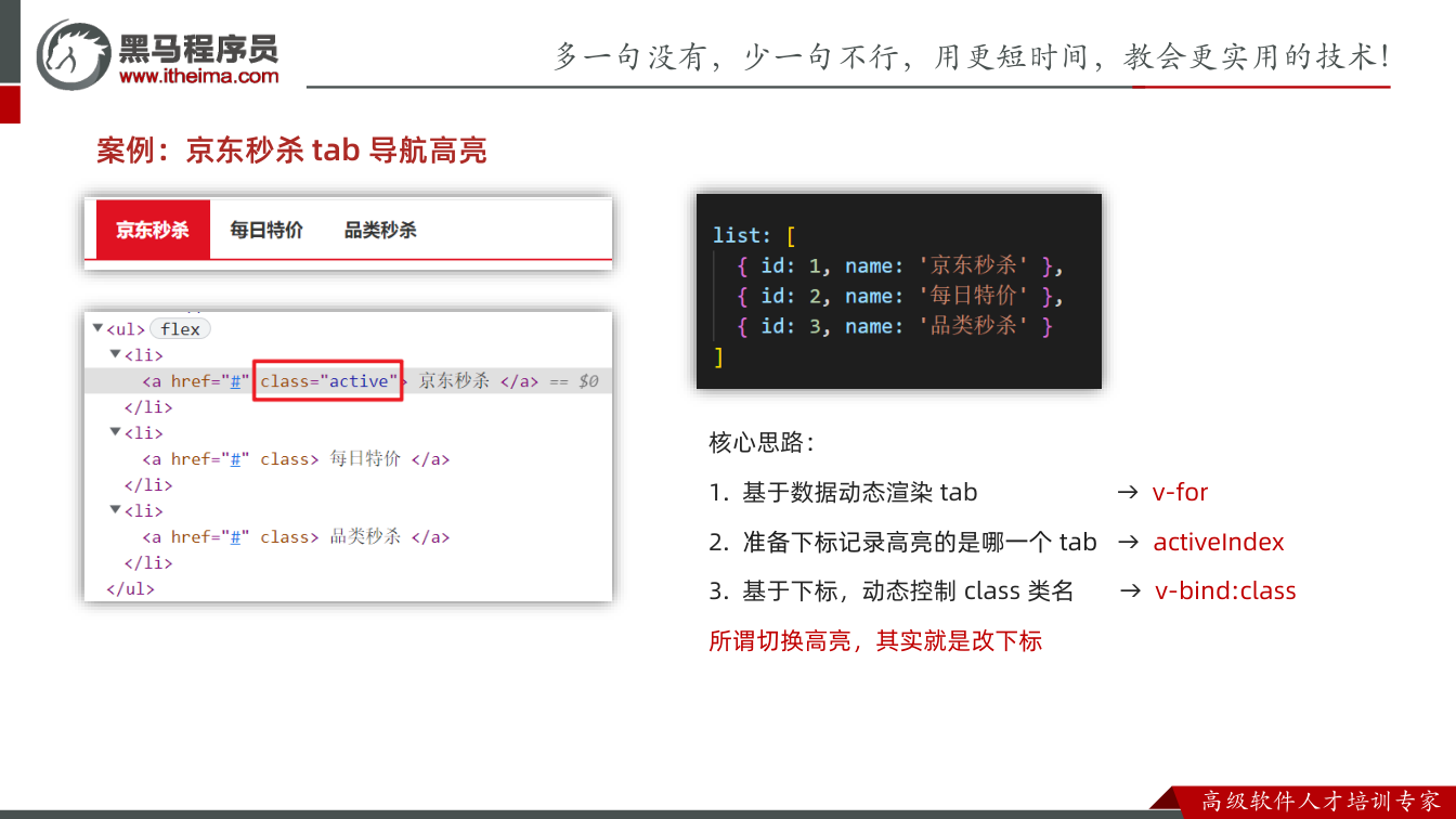 课件第9页：案例：京东秒杀tab 导航高亮 核心思路： 1. 基于数据动态渲染tab → v