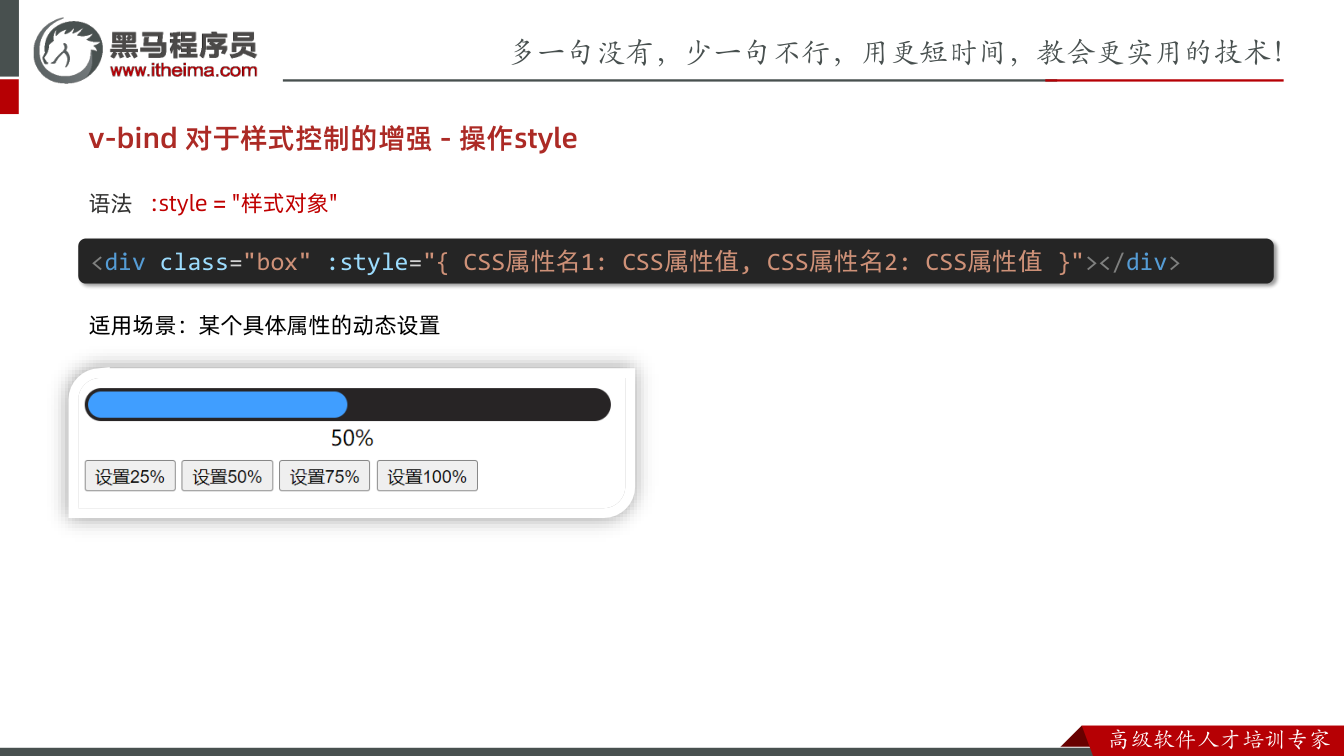 课件第10页：语法:style = "样式对象" v-bind 对于样式控制的增强- 操作st