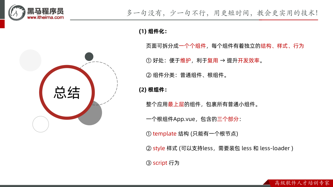 课件第24页：总结 总结 (1) 组件化： 页面可拆分成一个个组件，每个组件有着独立的结构、样