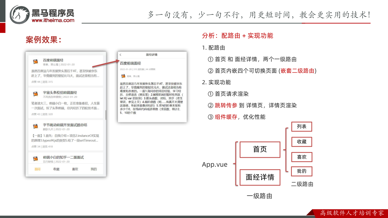 课件第42页：案例效果： 分析：配路由 + 实现功能 1. 配路由 ① 首页 和 面经详情，两