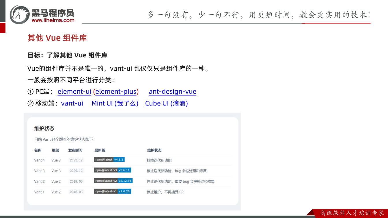 课件第10页:其他 Vue 组件库 目标:了解其他 Vue 组件库 Vue的组件库并不是唯一的