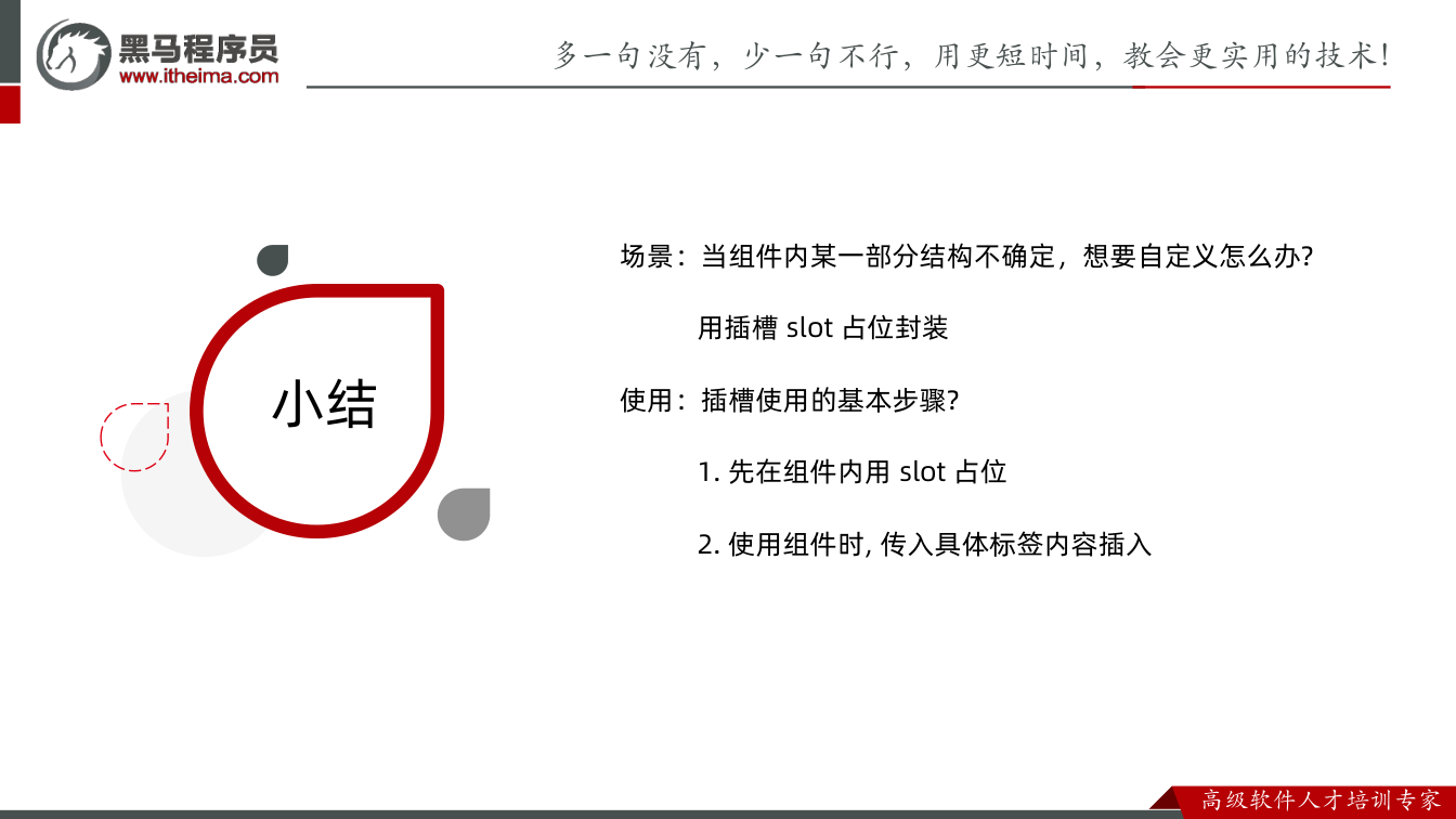 课件第17页：总结 小结 场景：当组件内某一部分结构不确定，想要自定义怎么办? 用插槽 slo