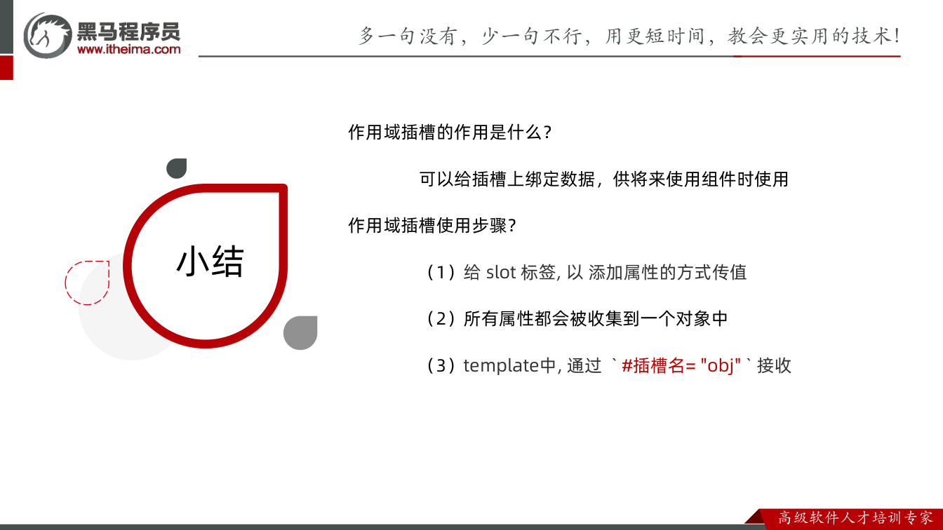 课件第27页：总结 小结 作用域插槽的作用是什么？ 可以给插槽上绑定数据，供将来使用组件时使用