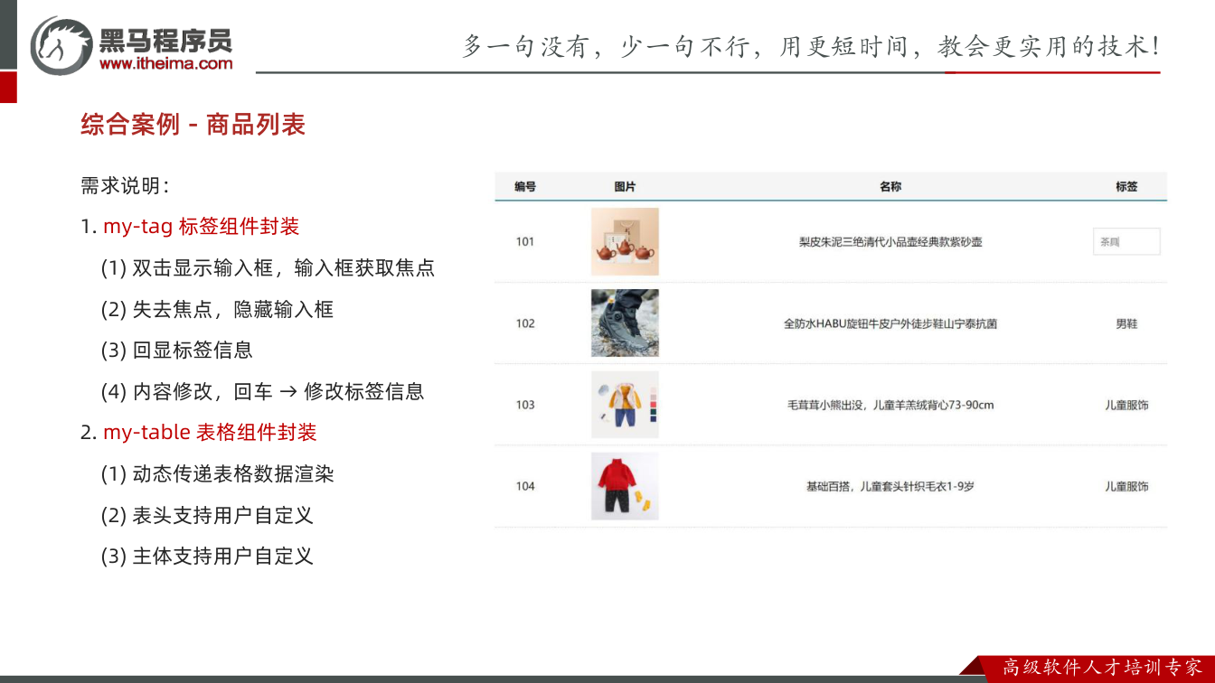 课件第29页：综合案例 - 商品列表 需求说明： 1. my-tag 标签组件封装 (1) 双