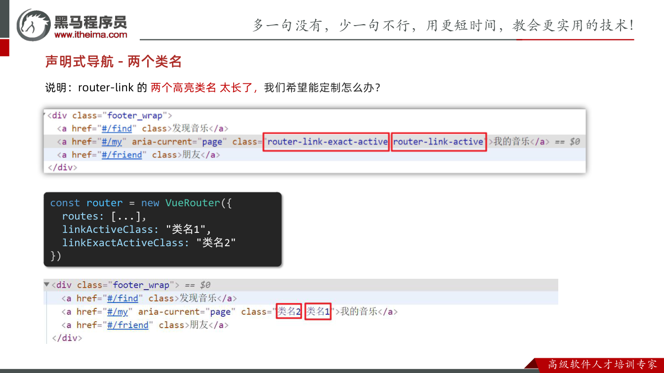 课件第15页:声明式导航 - 两个类名 说明:router-link 的 两个高亮类名 太长了