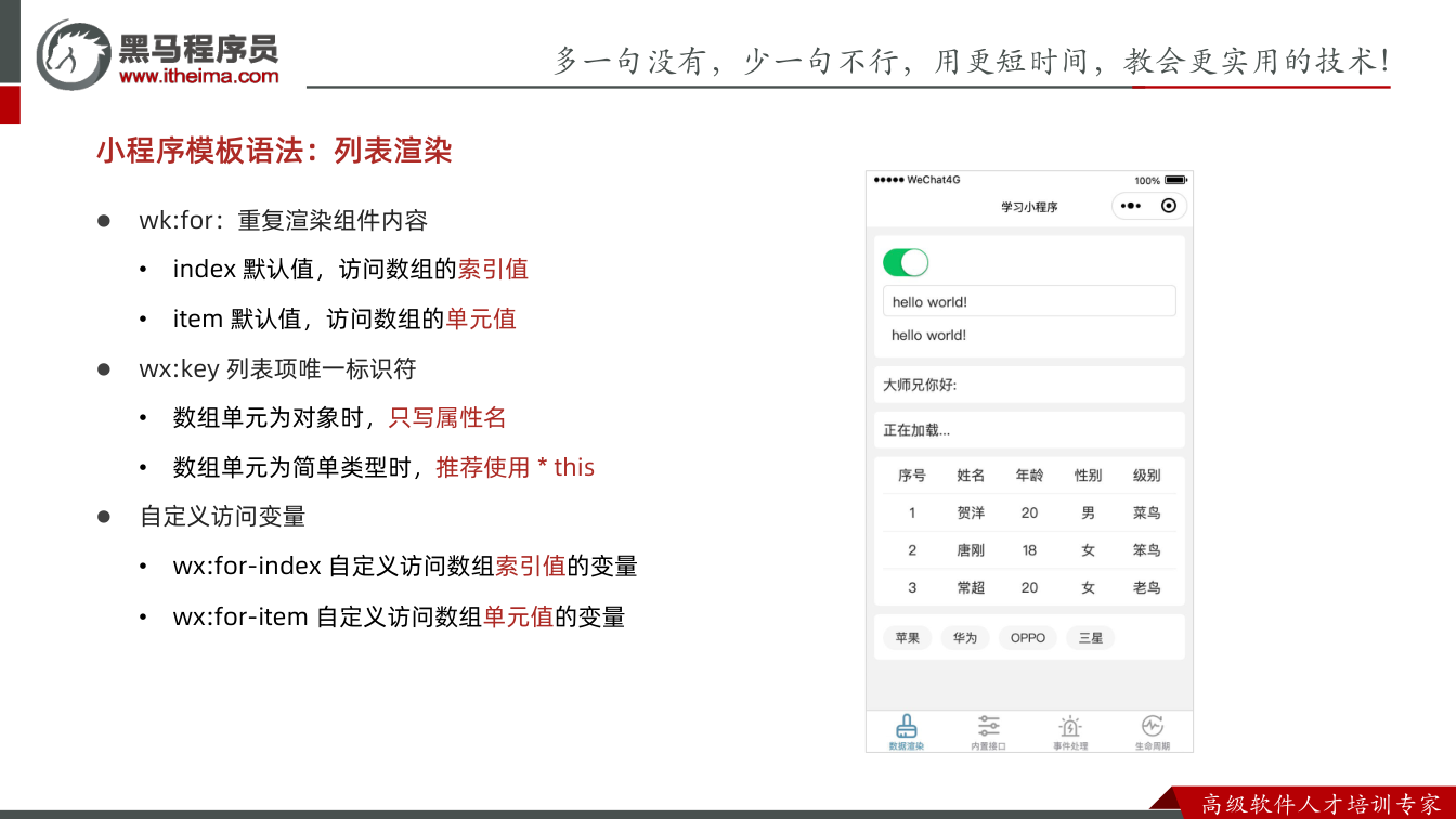 课件第8页:多⼀句没有,少⼀句不⾏,用更短时间,教会更实用的技术! ⾼级软件⼈才培训专家 l