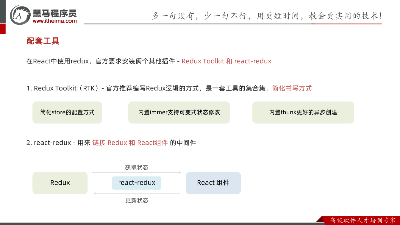 课件第6页：在React中使用redux，官方要求安装俩个其他插件 - Redux Tool
