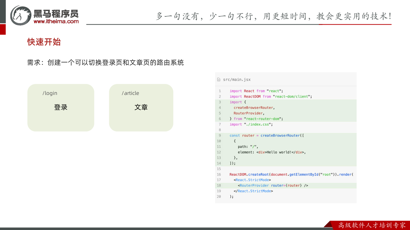 课件第4页：快速开始 需求：创建一个可以切换登录页和文章页的路由系统 登录 文章 /logi