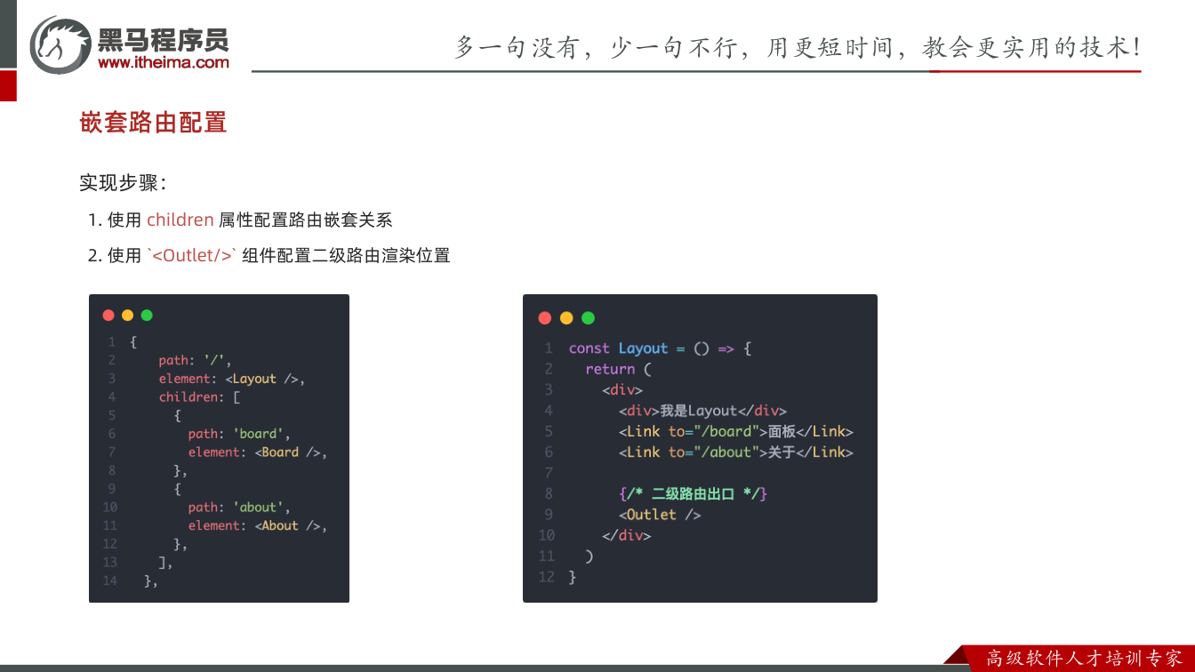 课件第15页：嵌套路由配置 实现步骤： 1. 使用 children 属性配置路由嵌套关系 2