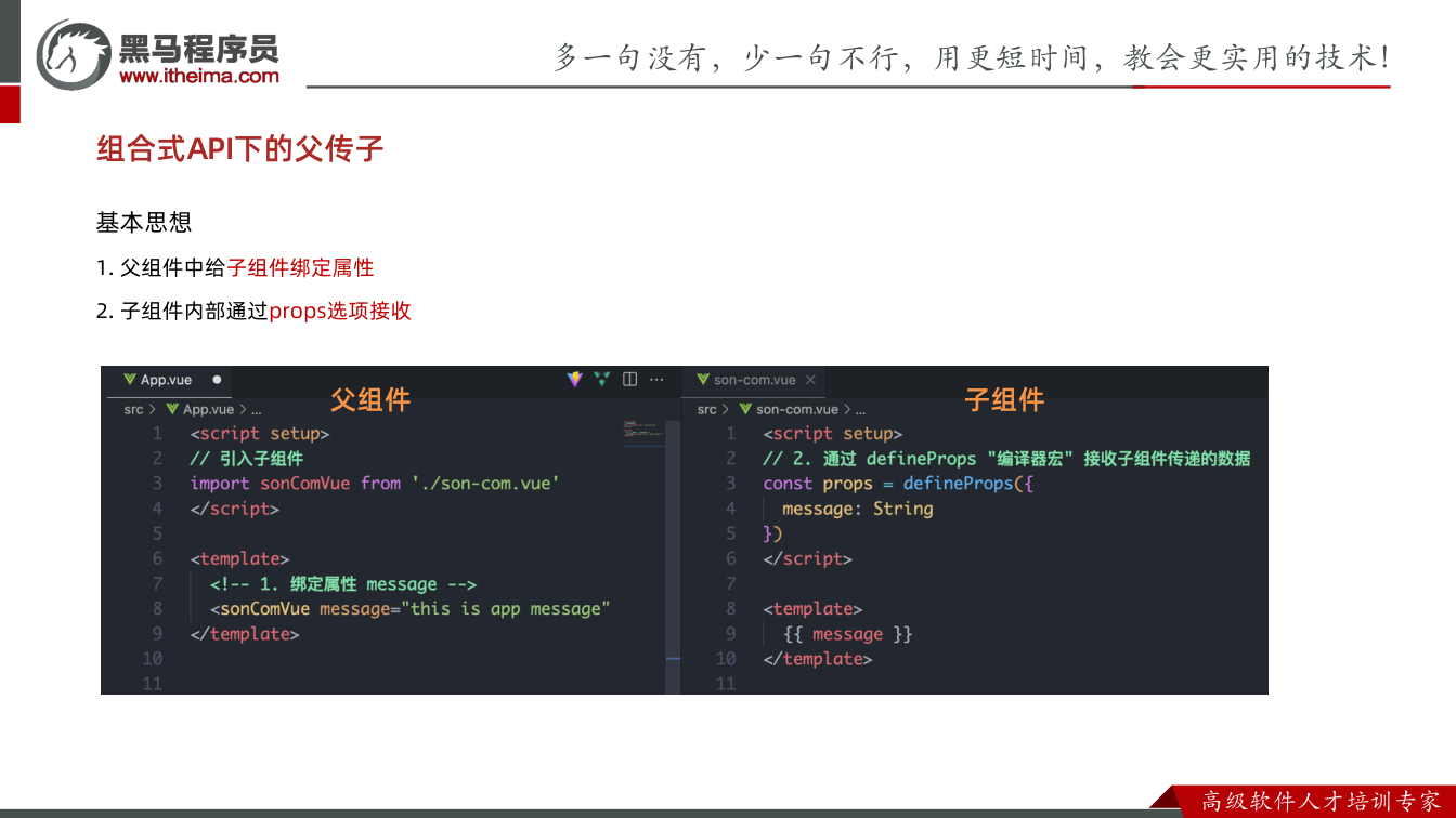 课件第37页:基本思想 1. 父组件中给子组件绑定属性 2. 子组件内部通过props选项接收