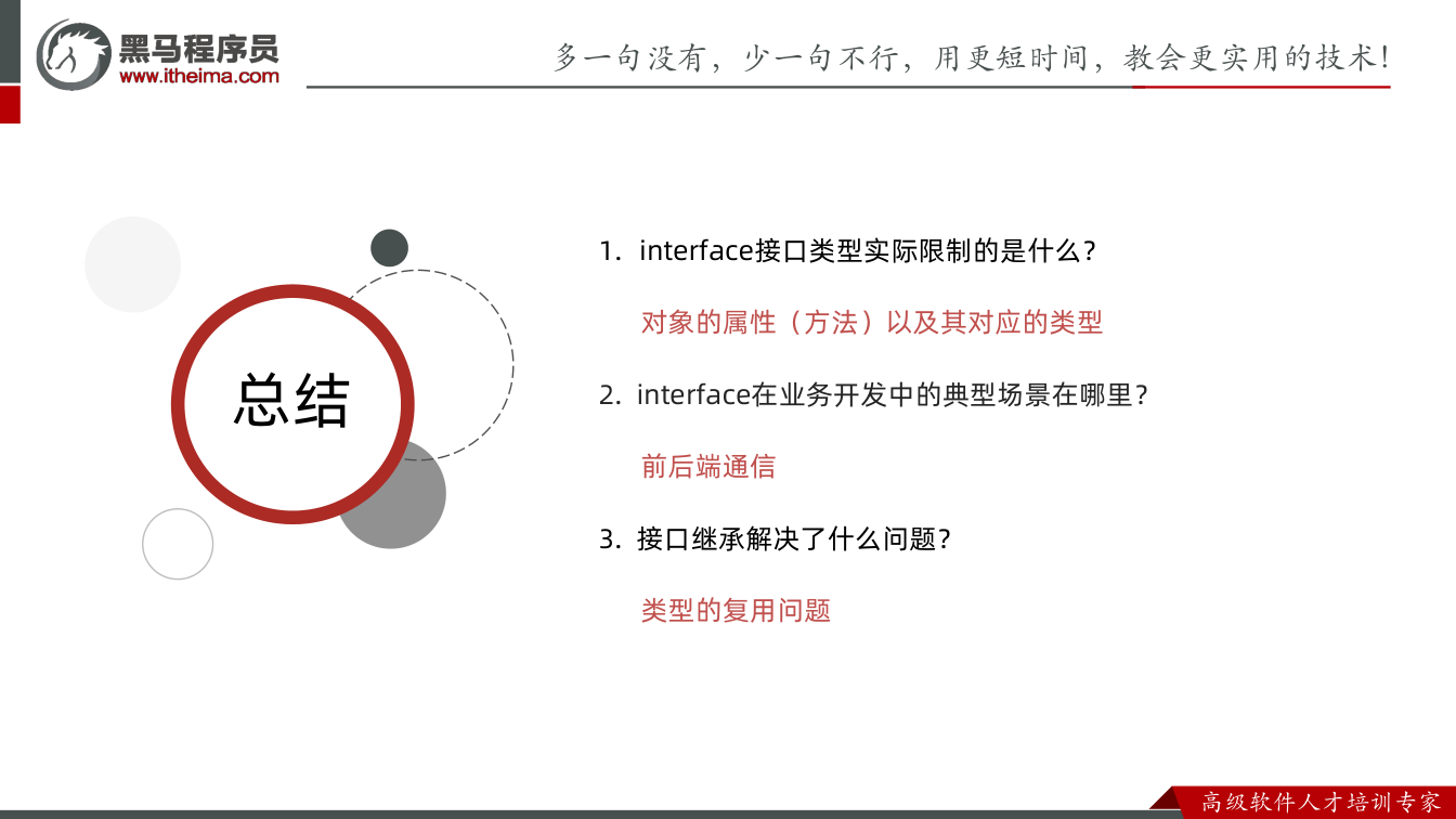课件第39页:总结 总结 1. interface接口类型实际限制的是什么? 对象的属性(方法