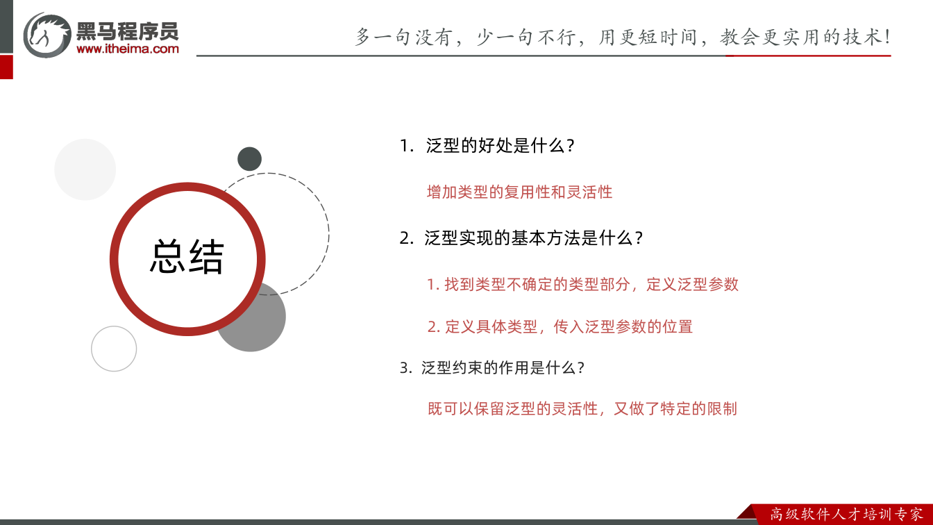 课件第64页:总结 总结 1. 泛型的好处是什么? 增加类型的复用性和灵活性 2. 泛型实现的