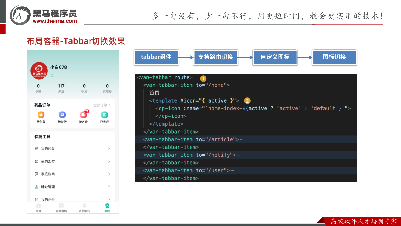 课件第6页:布局容器-Tabbar切换效果 tabbar组件 支持路由切换 自定义图标 图标