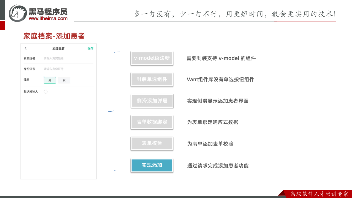 课件第39页:家庭档案-添加患者 v-model语法糖 需要封装支持 v-model 的组件