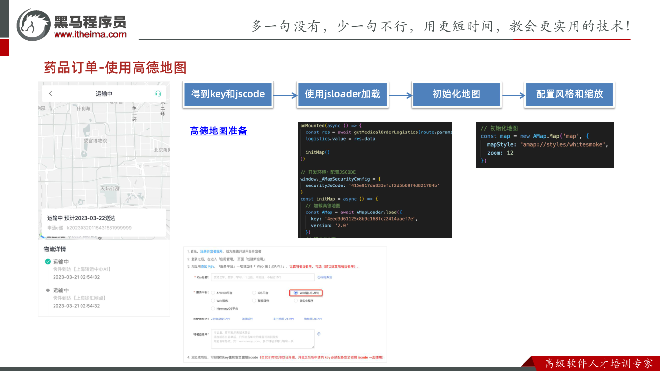 课件第15页:药品订单-使用高德地图 得到key和jscode 使用jsloader加载 初始